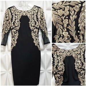 Antonio Melani Sz 0 Black Tan-gold Embroidered Sheath Formal Dress Cocktail